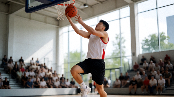 篮球比赛中球员在篮下完成上篮动作的现场画面
